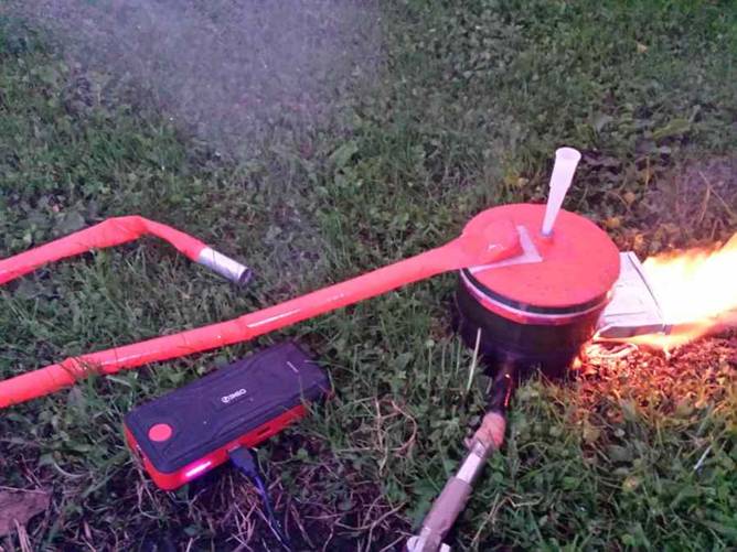 The steam generator for a backpacking sauna. It has a large bore steam tube that was custom made from silnylon.